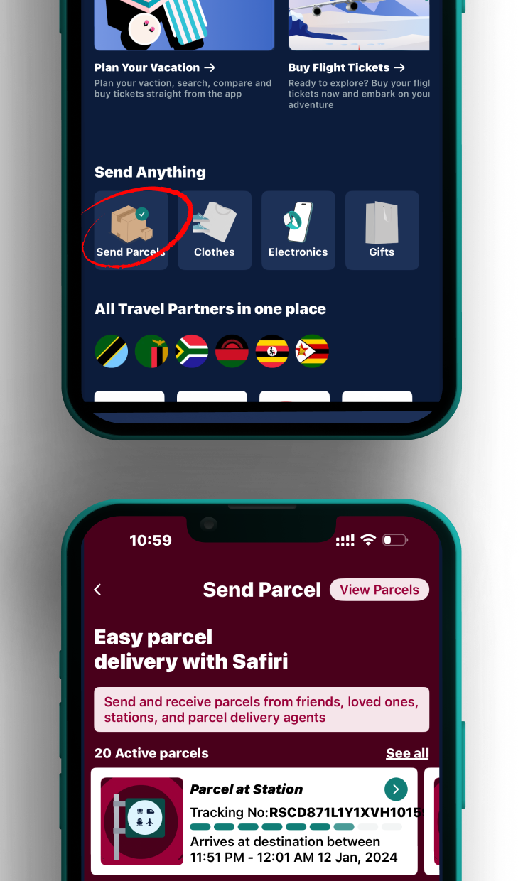 Safiri 应用首页和包裹概览